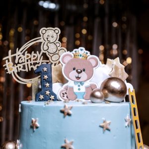 Blue Teddy Bear First Birthday Cake