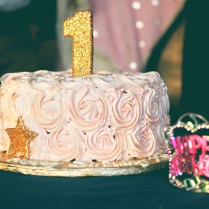 Pink Rosette Gold Drip First Birthday Cake