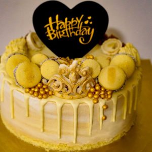 Yellow Macaron & Gold Birthday Cake